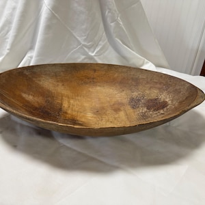 Large Antique Wooden Dough Bowl – Hand-Carved Oval Farmhouse Trencher – Primitive Rustic Wood Bowl – 24” Vintage Bread Bowl