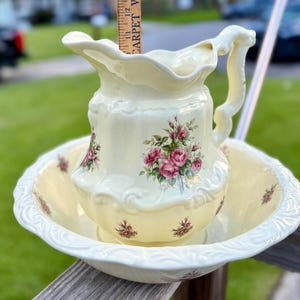 Vintage VB Athena Pitcher & Wash Basin Bowl Set | Large Ceramic Floral Washstand | Shabby Chic Farmhouse Decor | Made in USA