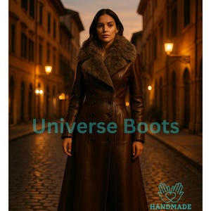 Puede incluir: Un abrigo largo de cuero marr&oacute;n con cuello de piel. El abrigo tiene un dise&ntilde;o cruzado con botones grandes y una falda acampanada. El texto "Universe Boots" es visible. La imagen tambi&eacute;n incluye el texto "Handmade with Love".