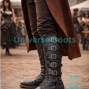 May include: Black leather boots with multiple buckles and laces. The boots have a rugged, vintage aesthetic, with a sturdy sole and a tall shaft. The boots are part of a steampunk-inspired outfit, with the text "Universe Boots" visible.
