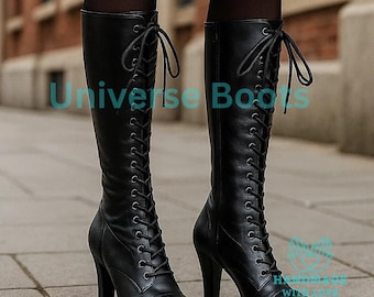 Handmade Black Leather Lace-Up Knee High Women Boots | Tall Gothic Riding / Steampunk Lace Up Boots | Women Boots Vintage Style