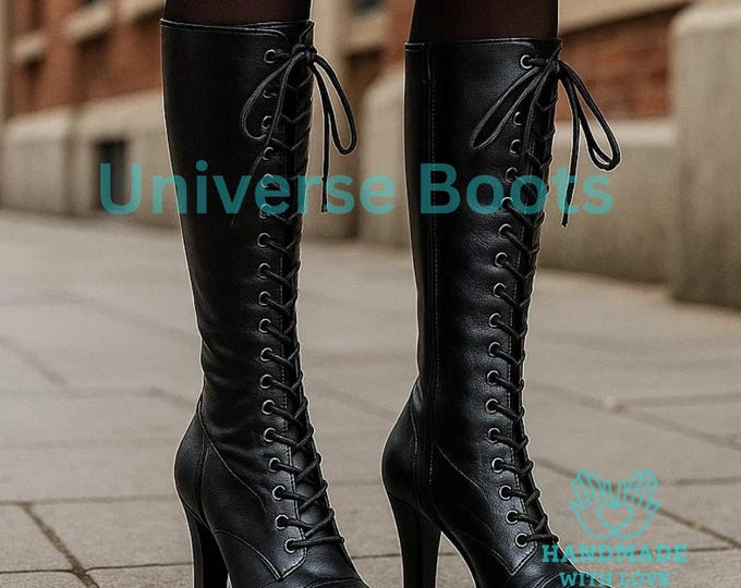 Handmade Black Leather Lace-Up Knee High Women Boots | Tall Gothic Riding / Steampunk Lace Up Boots | Women Boots Vintage Style