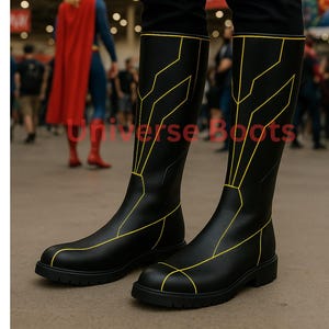 Handmade Black and Yellow Futuristic Cosplay Boots | Knee-High Sci-Fi Superhero Costume Footwear for Comic Con and Cosplay Events