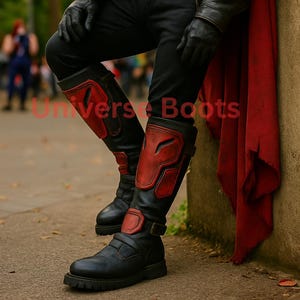 Handmade Black and Red Armored Cosplay Boots | Futuristic Superhero Combat Leather Boots for Comic Con and Cosplay Events