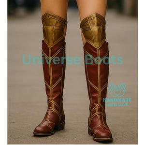 May include: Knee-high brown boots with gold accents and matching gold knee armor. The boots have a geometric design and a low heel. The image also includes a blue and gold garment. The text "Universe Boots" and "HANDMADE WITH LOVE" are visible.