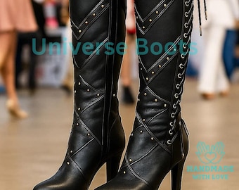 Handmade Black Studded Knee-High Leather Boots For Women | Women Tall Lace Boots | Gothic Rock Statement Boots | Custom Fit, Lace & Zipper