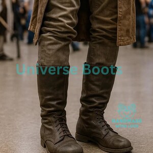 May include: Brown leather boots with laces, part of a brown outfit. The boots are knee-high and have a vintage look. The text "Universe Boots" is visible on the image.