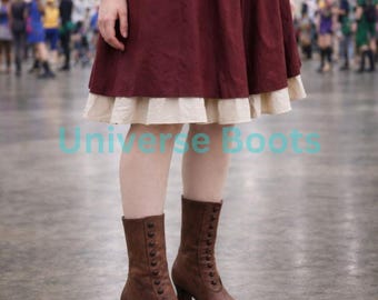 Brown Leather Women Button Boots — Vintage / Victorian Inspired Mid-Ankle Heeled Boots — Regency Costume, Cosplay Footwear