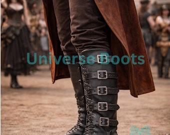 May include: Black leather boots with multiple buckles and laces. The boots have a rugged, vintage aesthetic, with a sturdy sole and a tall shaft. The boots are part of a steampunk-inspired outfit, with the text "Universe Boots" visible.