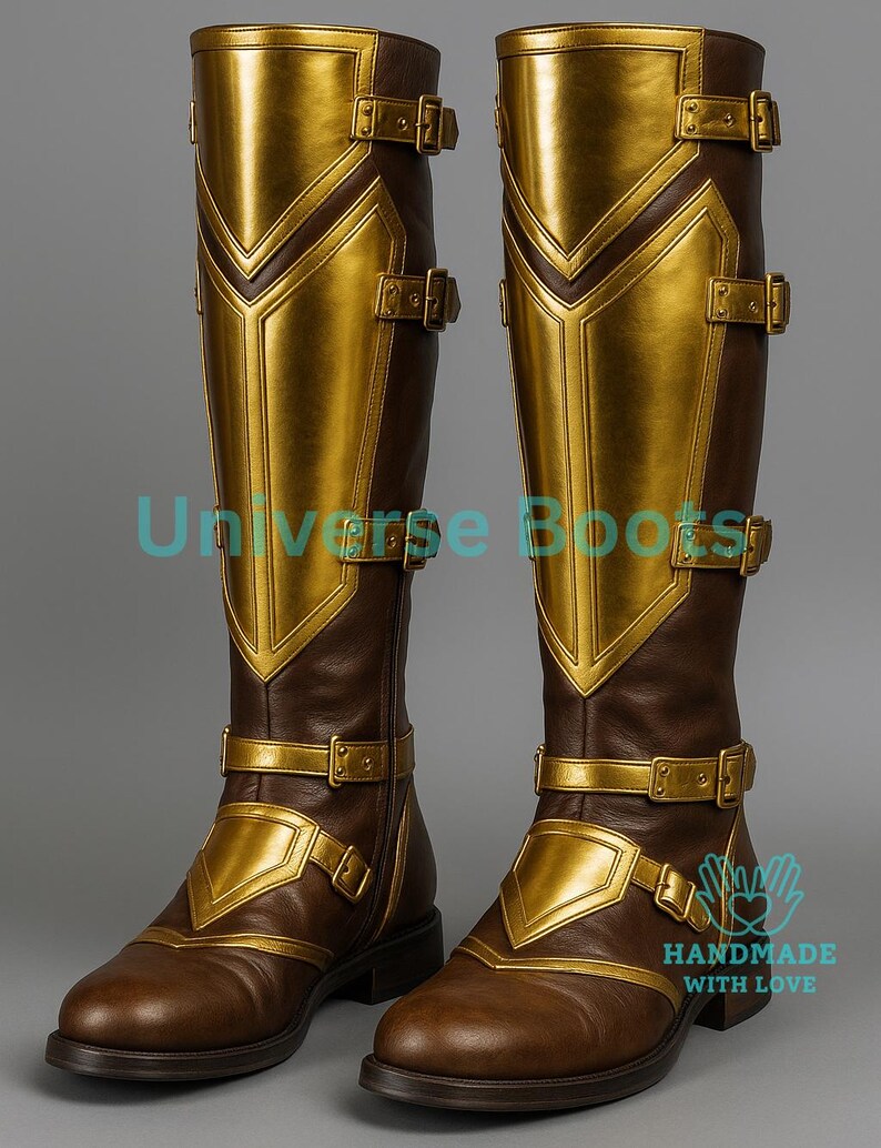 May include: A pair of knee-high brown boots with gold-colored accents and buckles. The boots feature a geometric design on the front and sides, with the text "Universe Boots" and "HANDMADE WITH LOVE" visible.