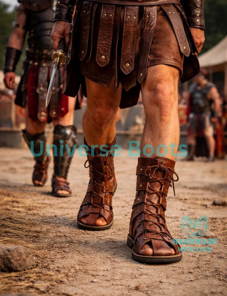 Op de afbeelding: Bruine leren gladiatorsandalen met vetersluiting. De sandalen worden gedragen met een bruine leren rok en harnas. De afbeelding toont een historisch of fantasiethema, met andere figuren in vergelijkbare kleding op de achtergrond.