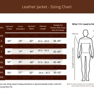 Puede incluir: Tabla de tallas de chaquetas de cuero con medidas en pulgadas para pecho, hombros, cintura y mangas. Las tallas van de XS a 5XL, con un diagrama que ilustra d&oacute;nde medir. El texto dice: "Puede indicar las medidas exactas en la nota de pedido personalizada."
