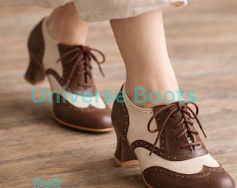 Vintage Two Tone Victorian Oxford Heels for Women – Handmade Leather Spectator Shoes with Cuban Heel, Edwardian Inspired Lace Up Dress Shoes
