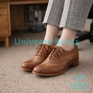 Zapatos Oxford formales de piel para mujer: zapatos brogue con cordones y tacón alto hechos a mano, de estilo vintage, para oficina.