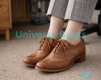 Leren formele Oxford-dameshakken – Handgemaakte brogueschoenen met veters en gestapelde hak, vintage geïnspireerde kantoorschoenen