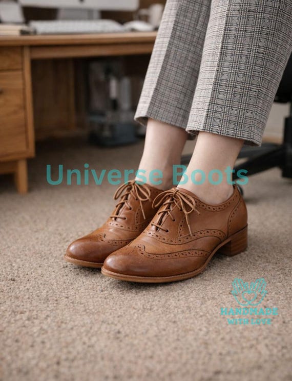 Women’s Leather Formal Oxford Heels – Handmade Brogue Lace Up Shoes with Stacked Heel, Vintage Inspired Office Dress Shoes