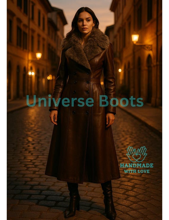 Women’s Long Brown Leather Coat with Fur Collar • Handmade Double Breasted Trench • Winter Full Length Luxury Outerwear Gift