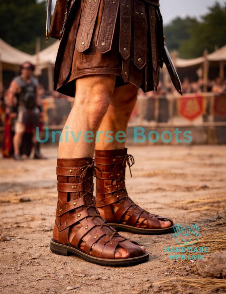 Op de afbeelding: Bruine leren gladiatorsandalen met meerdere bandjes en veters. De sandalen hebben een platte zool en worden gedragen met een bruine leren rok. De tekst "Universe Boots" is inbegrepen.