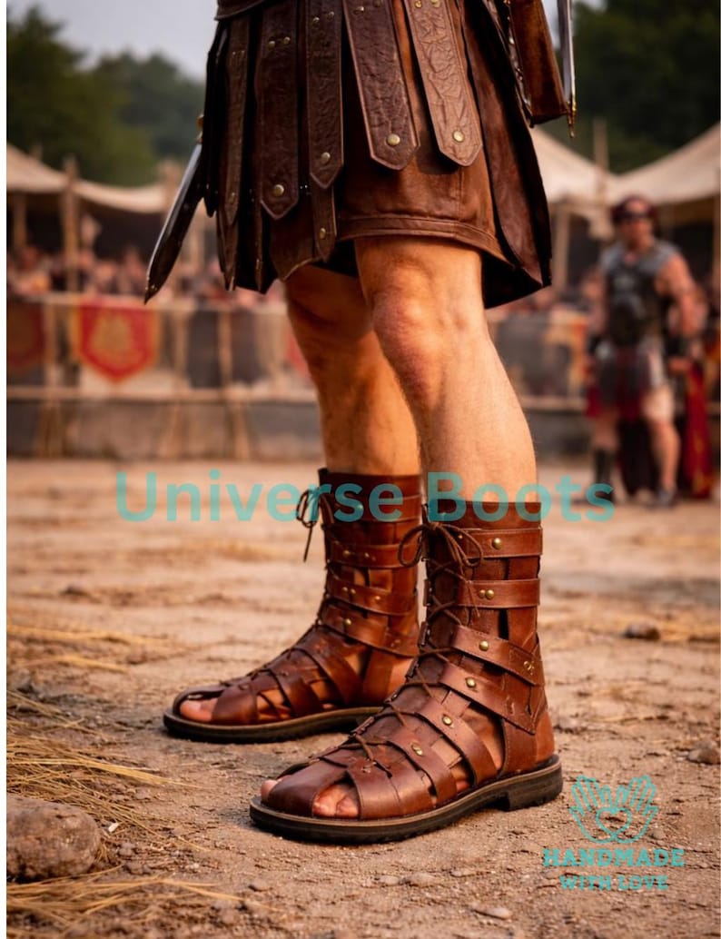 Op de afbeelding: Bruine leren gladiatorsandalen met meerdere bandjes en metalen studs. De sandalen hebben een veterontwerp en worden gedragen met een bruine leren rok. De afbeelding is buiten gemaakt.