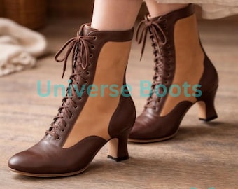 Victorian Lace Up Ankle Boots for Women – Handmade Two Tone Leather Edwardian Boots, Vintage Inspired Dress Shoes
