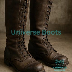 May include: A pair of brown leather knee-high boots with black laces. The boots have a distressed appearance and are labeled "Universe Boots" and "Handmade with Love."