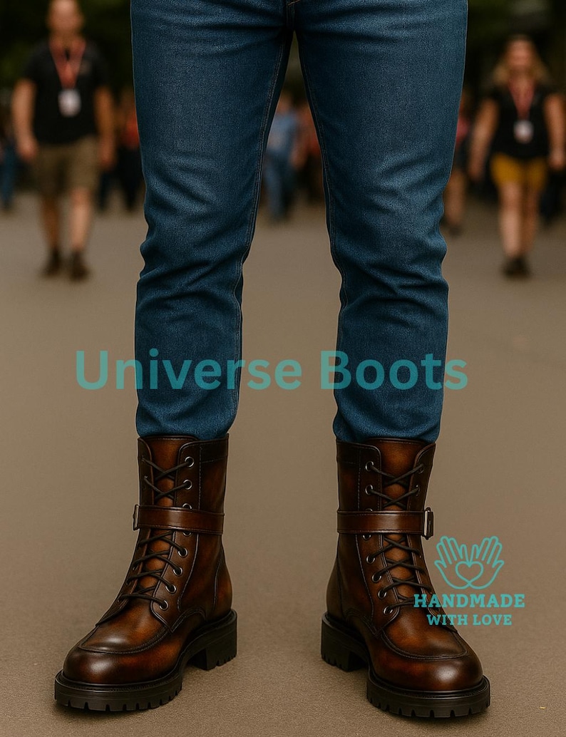 May include: Brown leather boots with a lace-up design and a buckle strap. The boots have a chunky sole and are worn with blue jeans. The text "Universe Boots" is visible in the image. The boots are handmade with love.
