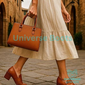 May include: A person walking in a cobbled street, wearing a beige dress and brown leather shoes. The person is carrying a brown leather handbag. The text "Universe Boots" is visible on the handbag.