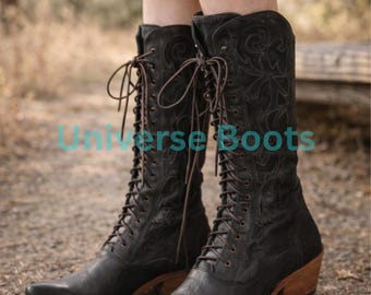 Handmade Black Leather Lace-Up Knee High Cowboy Boots | Women’s Combat & Cosplay Boots | Renaissance, Goth, Victorian, LARP Costume Shoes