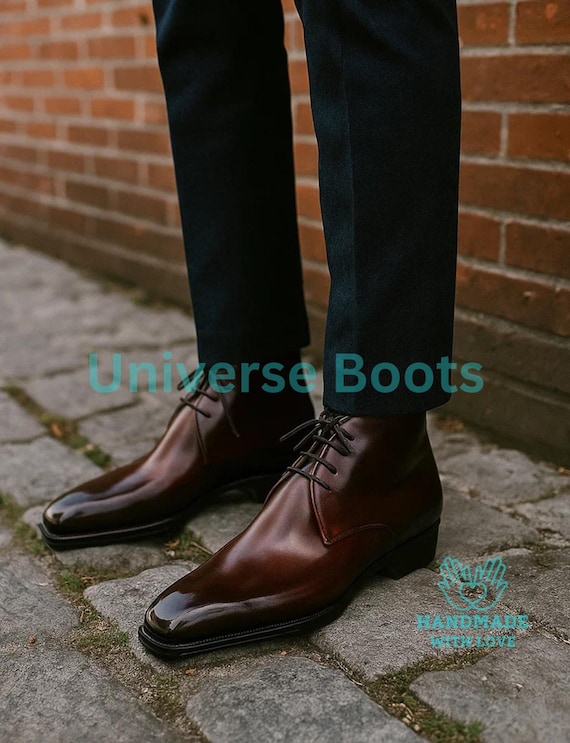Bespoke Handcrafted Men's Brown Leather Dress Ankle Boots - Full-Grain Leather, Lace-Up Goodyear Welted - Handmade Men's Boots