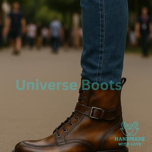 May include: Brown leather boots with a buckle strap and lace-up closure. The boots have a rounded toe and a thick, dark sole. The text "Universe Boots" and "HANDMADE WITH LOVE" are visible on the image.
