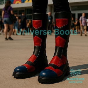 Handmade Superhero Cosplay Boots | Black, Red, and Blue Leather Knee-High Costume Boots for Comic Con and Cosplay Events