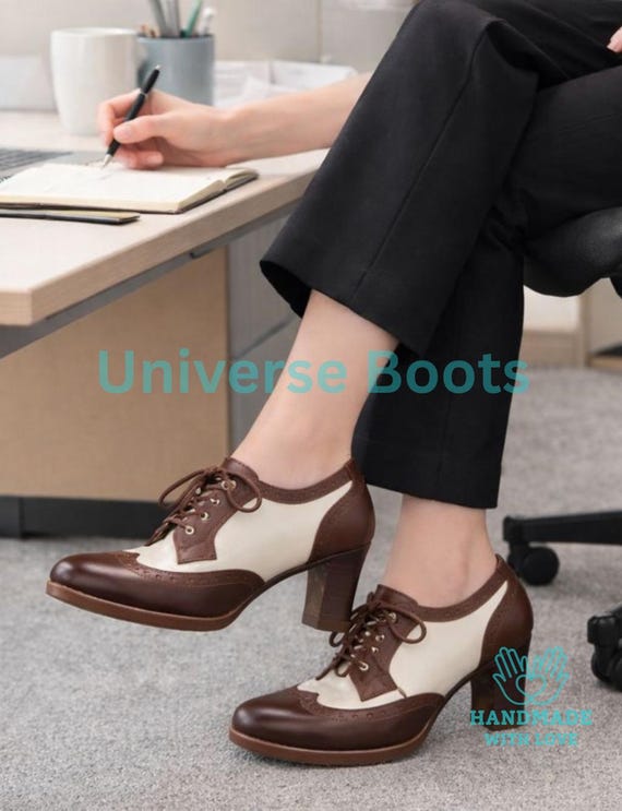 Vintage Brown & white Leather Oxford Heels • Two-Tone Lace-Up Dress Shoes • Retro Block Heel Formal Oxfords • Women’s Vintage Cosplay