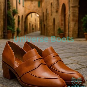 May include: A pair of brown leather heeled loafers. The shoes feature a classic design with a pointed toe and a block heel. The image includes the text "Universe Boots" and "HANDMADE WITH LOVE".