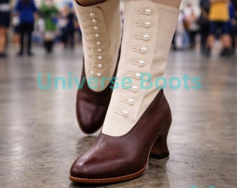 Vintage Inspired Brown Leather Button Boots — Mid-Ankle / Low-Calf Victorian Style Heeled Boots — Unique Handmade Regency Cosplay Shoes