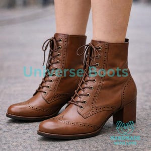 Handmade Reddish Brown Leather Ankle Boots for Women | Lace Up Cap Toe Boots with Cuban Heel | Classic Everyday Leather Boots