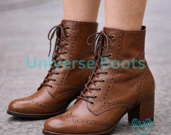 Handmade Reddish Brown Leather Ankle Boots for Women | Lace Up Cap Toe Boots with Cuban Heel | Classic Everyday Leather Boots