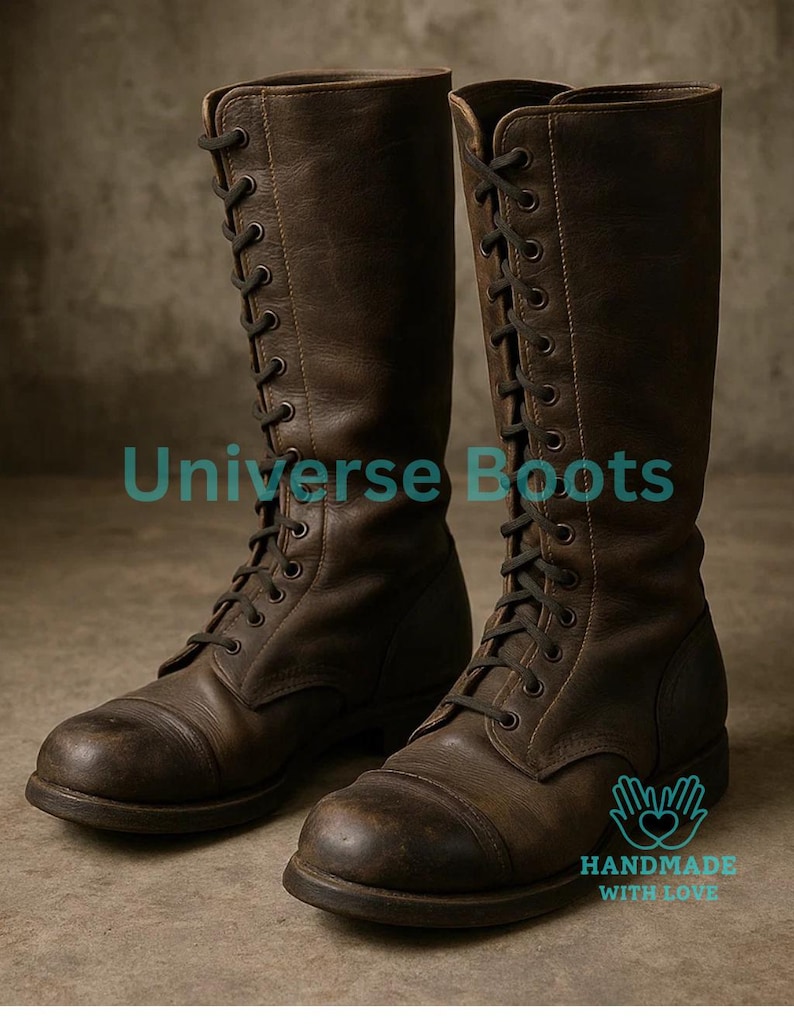 May include: A pair of brown leather boots with a lace-up design. The boots are knee-high and have a distressed appearance. The text "Universe Boots" and "HANDMADE WITH LOVE" are visible.