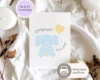 Baby Boy Card Printable | New Baby Card | Cute Elephant New Baby Greeting | Minimal Greeting | Print at Home | Digital Download