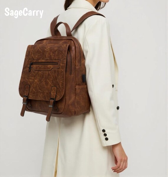 backpack brown faux leather flap top wide straps Vegan Leather Backpack – Spacious Travel Daypack, Wide Straps