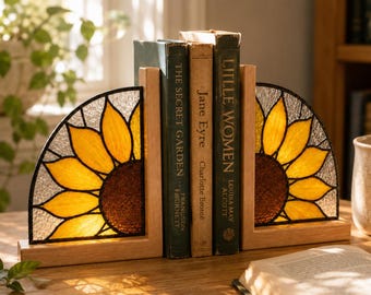 Gebrandschilderd glas zonnebloem boekensteunen, bloemenboekhouder voor boekenplank bureau decor, Cottagecore bibliotheek cadeau voor boekenliefhebber