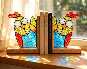 Stained Glass Chicken Bookends, Farmhouse Bookshelf Decor, Funny Book Lover Gift, Desk Library Decor,Gift for daughter