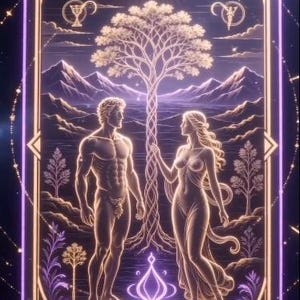Puede incluir: Ilustración de carta de tarot con una pareja desnuda junto a un árbol, con montañas de fondo. La carta tiene un borde dorado y morado con elementos celestiales y las palabras "LRA" y "ERIN" en la parte inferior.