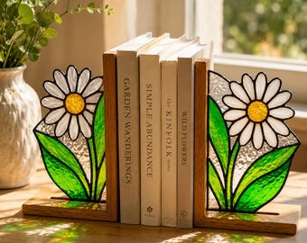 Handgemaakte boekensteunen madeliefje gebrandschilderd glas – 4 bloemopties, kleurrijk woondecoratie en cadeau voor moeders, studenten, boekenliefhebbers