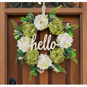 Rustic Artificial Flower Wreath Door Hanging, rustic hello wreath with flowers, farmhouse style door hanging, hydrangea artificial wreath