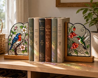 Glasmalerei-Vogel-Buchstützen, Bluebird-Kolibri, botanisches Regal-Dekor-Geschenk, Geschenk für Buchliebhaber