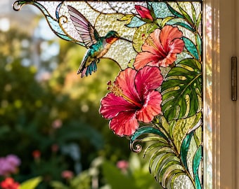 Panel esquinero de vidrieras artesanales con colibrí, decoración tropical de hibisco para ventana, regalo atrapasoles botánico