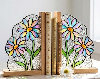 Daisy Sun Catcher Bookends, Floral Glass Bookends, Rainbow Flower Shelf Decor, Book Lover Gift, Cottagecore Reading Nook Decor