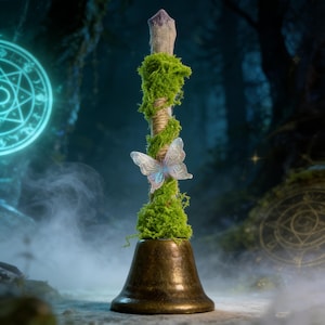 Four Elements Ritual Bell, Handcrafted Altar Tool, Raw Crystal Wand, Pagan Spiritual Cleansing