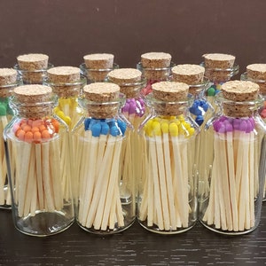 Matches in Glass Jar with Cork Top. Colored tip.