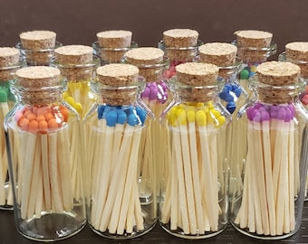 Matches in Glass Jar with Cork Top. Colored tip.